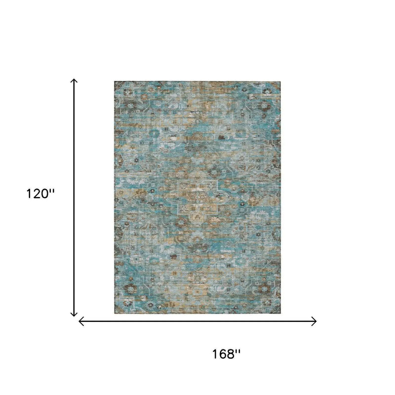 10' X 14' Teal Blue And Pewter Floral Medallion Washable Indoor Outdoor Area Rug Homeroots Outdoor