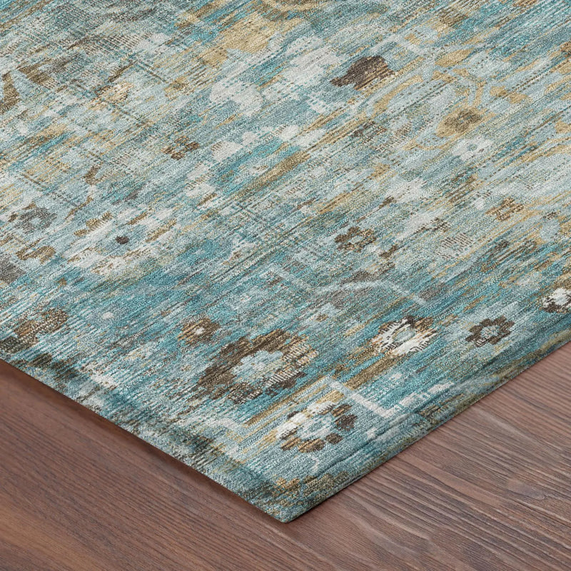10' X 14' Teal Blue And Pewter Floral Medallion Washable Indoor Outdoor Area Rug Homeroots Outdoor