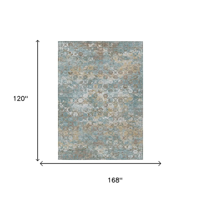 10' X 14' Teal Blue And Pewter Floral Medallion Washable Indoor Outdoor Area Rug Homeroots Outdoor