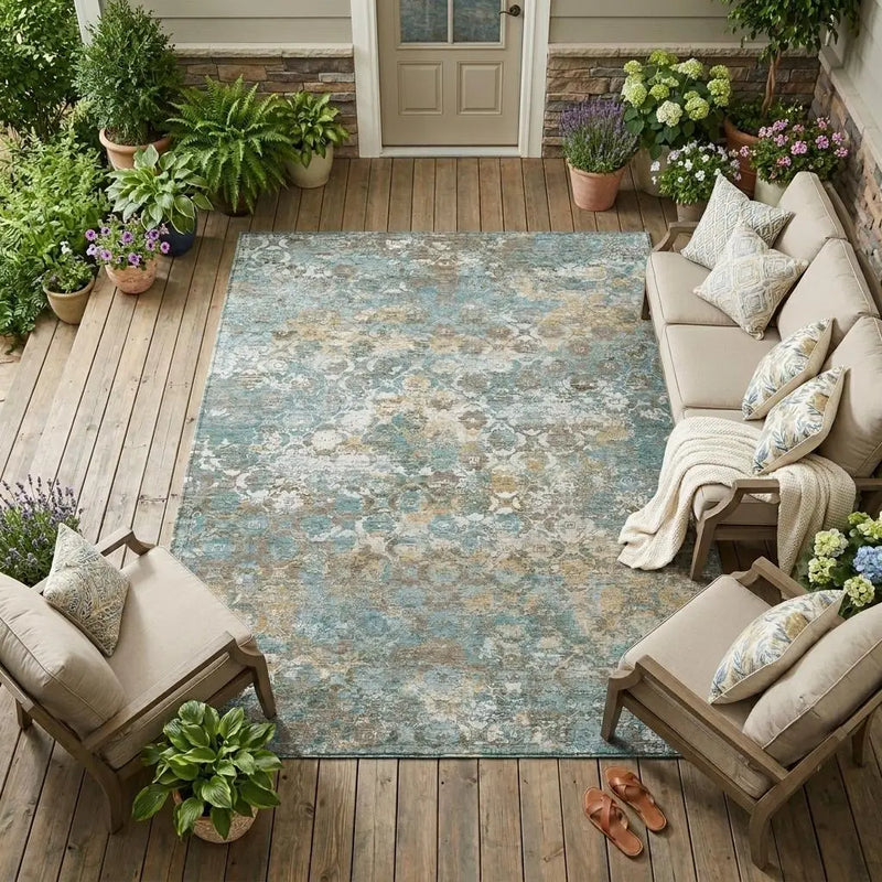 10' X 14' Teal Blue And Pewter Floral Medallion Washable Indoor Outdoor Area Rug Homeroots Outdoor
