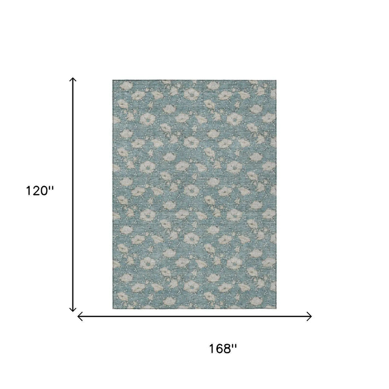 10' X 14' Teal Blue And Pewter Floral Washable Indoor Outdoor Area Rug Homeroots Outdoor