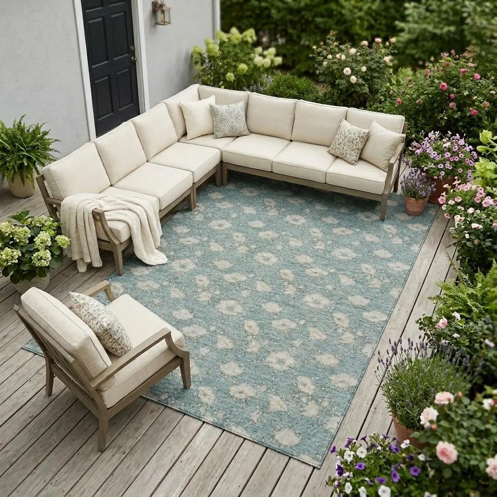 10' X 14' Teal Blue And Pewter Floral Washable Indoor Outdoor Area Rug Homeroots Outdoor