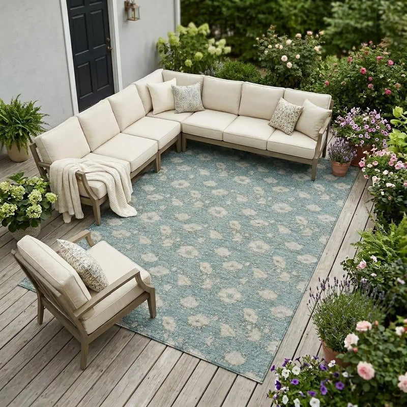 10' X 14' Teal Blue And Pewter Floral Washable Indoor Outdoor Area Rug Homeroots Outdoor