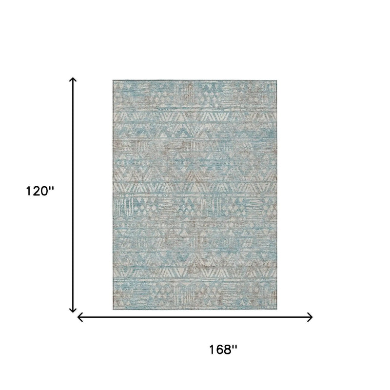 10' X 14' Teal Blue And Pewter Geometric Washable Indoor Outdoor Area Rug Homeroots Outdoor