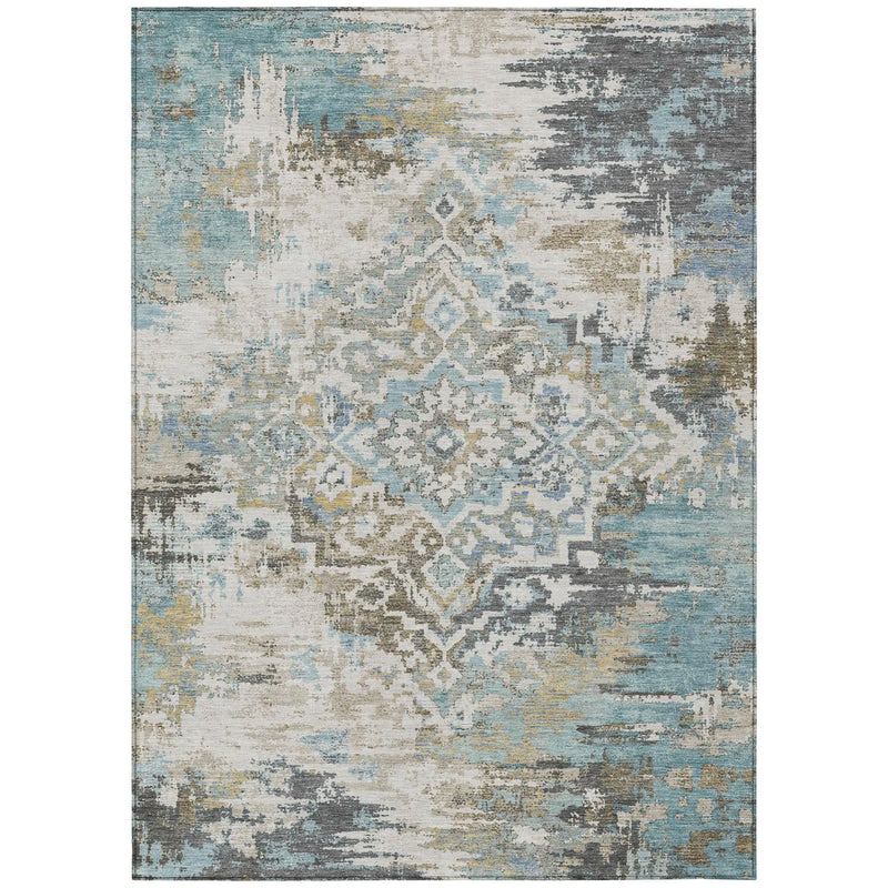 10' X 14' Teal Blue And Pewter Medallion Washable Indoor Outdoor Area Rug Homeroots Outdoor