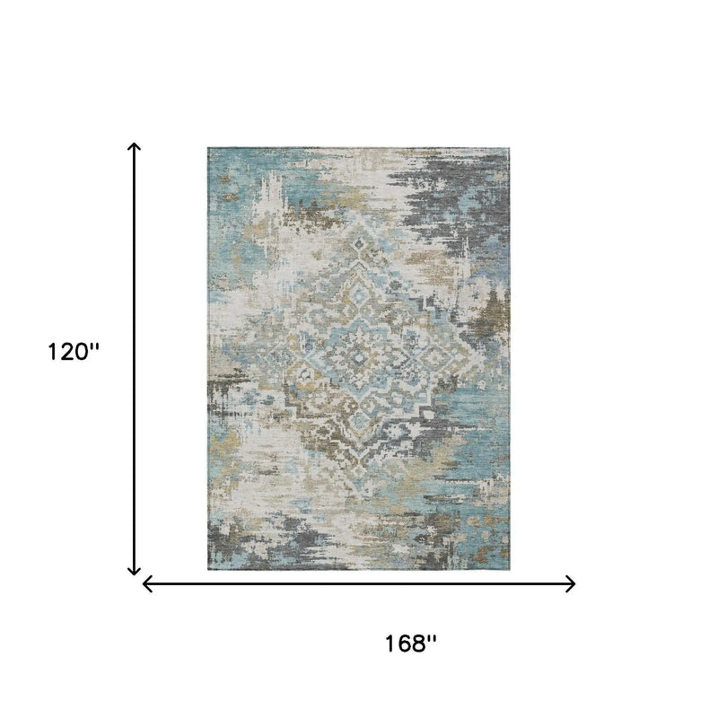 10' X 14' Teal Blue And Pewter Medallion Washable Indoor Outdoor Area Rug Homeroots Outdoor