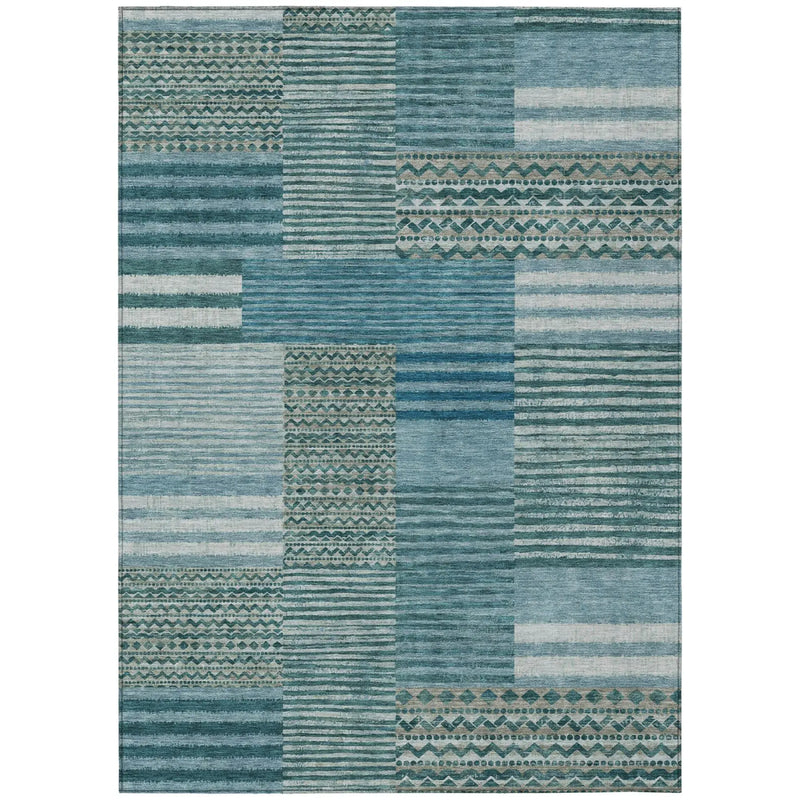10' X 14' Teal Blue And Pewter Striped Washable Indoor Outdoor Area Rug Homeroots Outdoor
