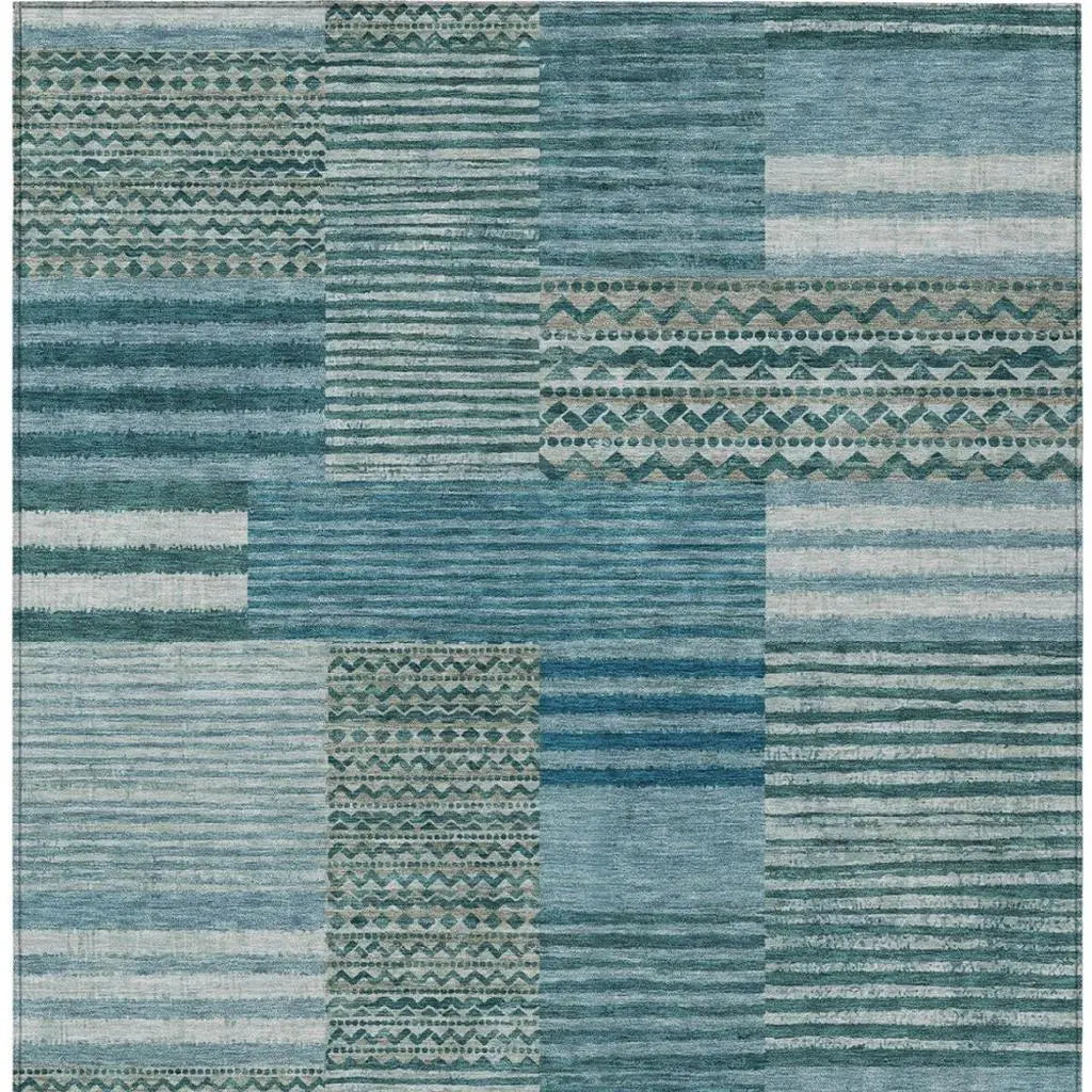 10' X 14' Teal Blue And Pewter Striped Washable Indoor Outdoor Area Rug Homeroots Outdoor