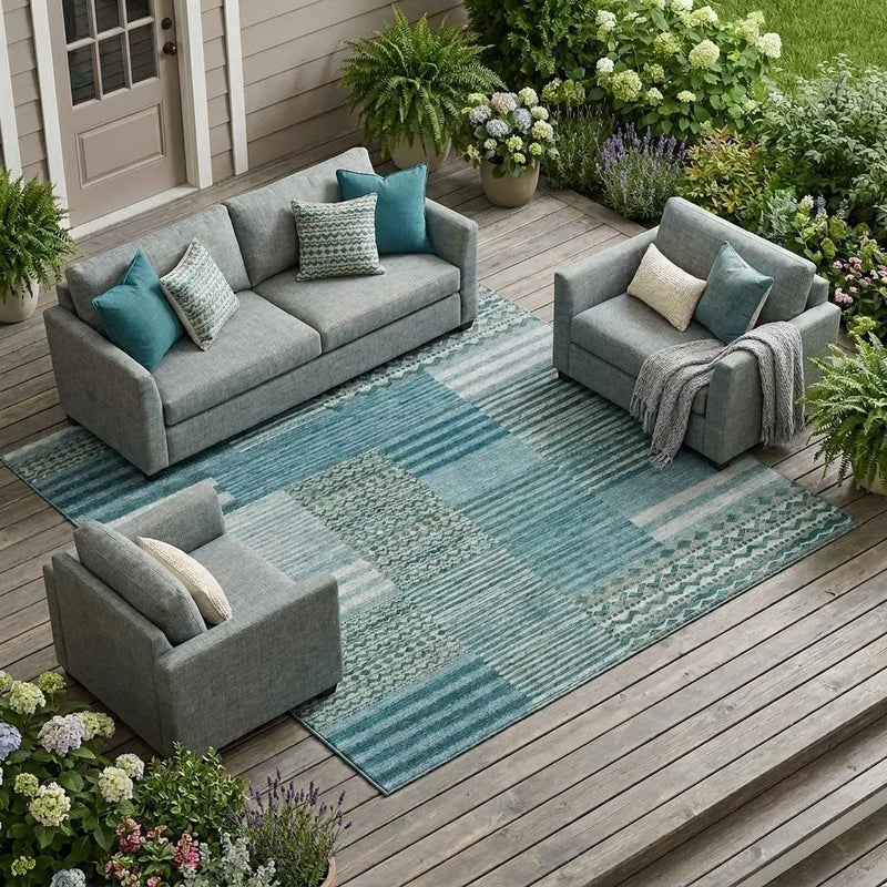 10' X 14' Teal Blue And Pewter Striped Washable Indoor Outdoor Area Rug Homeroots Outdoor