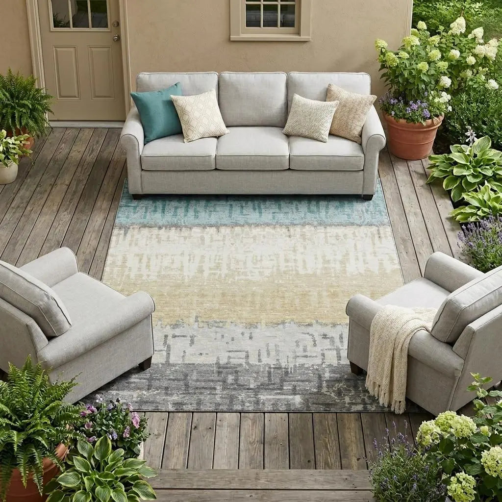 10' X 14' Teal Blue And Pewter Striped Washable Indoor Outdoor Area Rug Homeroots Outdoor