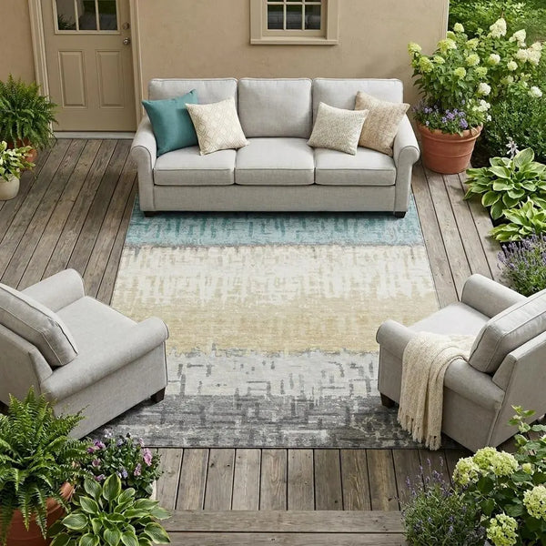 10' X 14' Teal Blue And Pewter Striped Washable Indoor Outdoor Area Rug Homeroots Outdoor