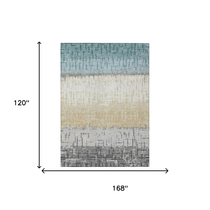 10' X 14' Teal Blue And Pewter Striped Washable Indoor Outdoor Area Rug Homeroots Outdoor