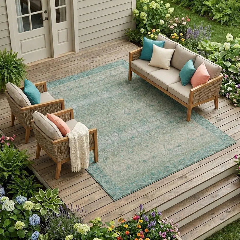 10' X 14' Teal Blue And Pewter Tribal Washable Indoor Outdoor Area Rug Homeroots Outdoor