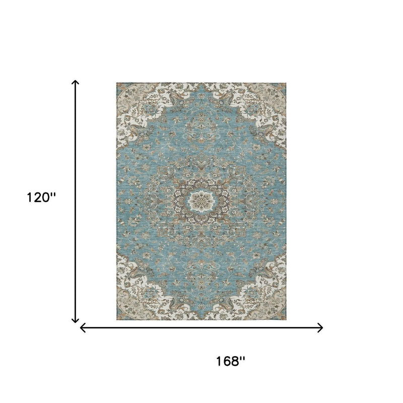 10' X 14' Teal Blue And Sage Floral Medallion Washable Indoor Outdoor Area Rug Homeroots Outdoor