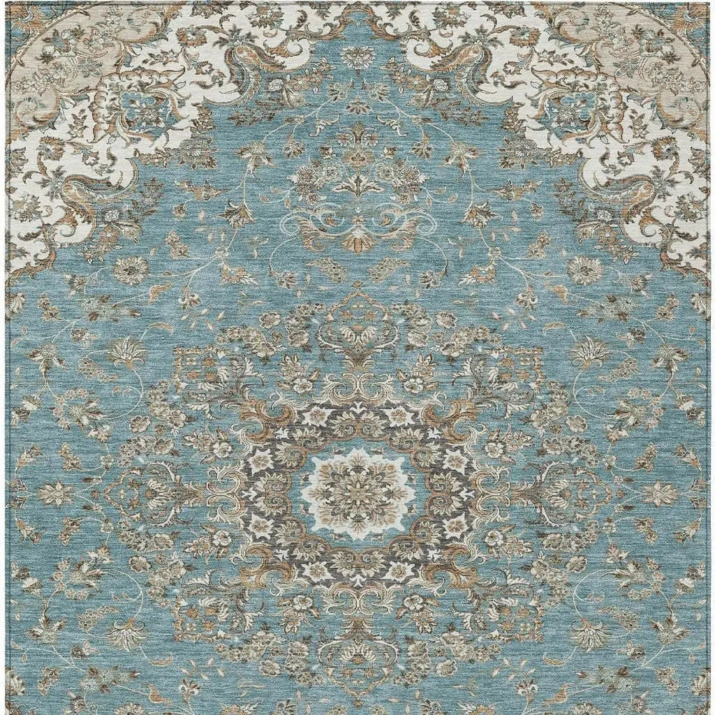 10' X 14' Teal Blue And Sage Floral Medallion Washable Indoor Outdoor Area Rug Homeroots Outdoor