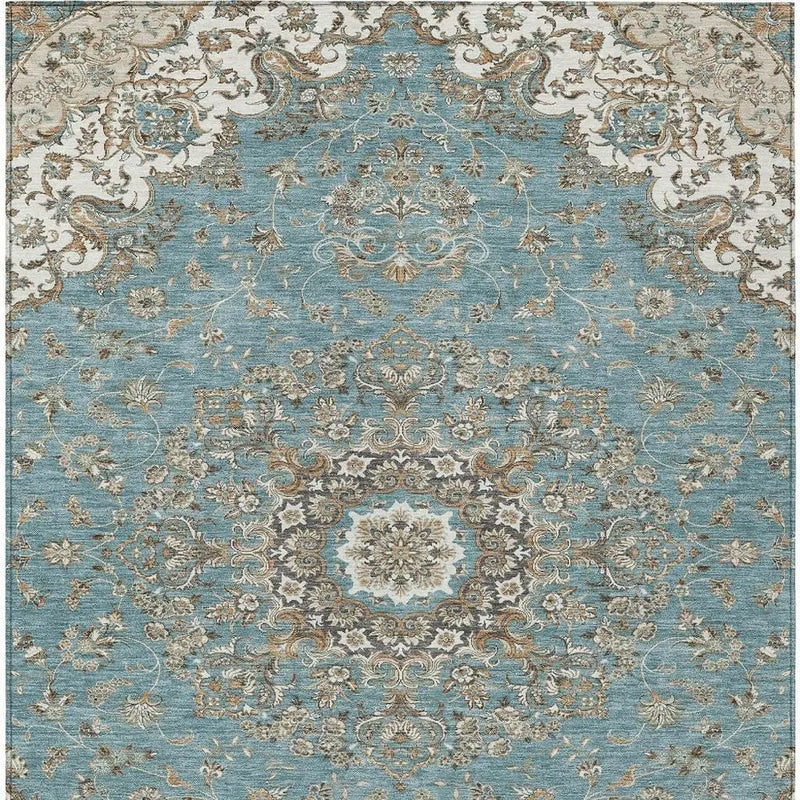 10' X 14' Teal Blue And Sage Floral Medallion Washable Indoor Outdoor Area Rug Homeroots Outdoor