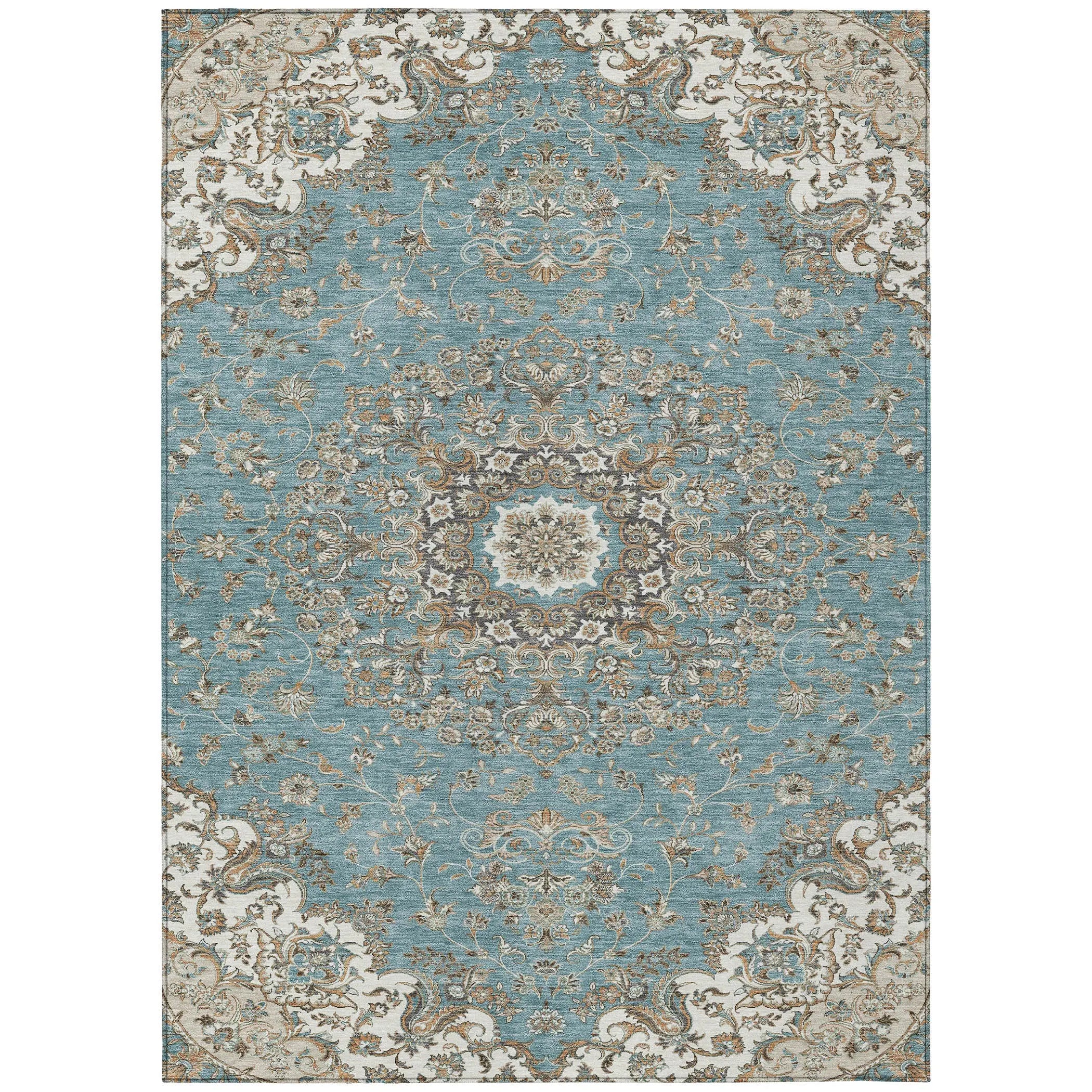 10' X 14' Teal Blue And Sage Floral Medallion Washable Indoor Outdoor Area Rug Homeroots Outdoor