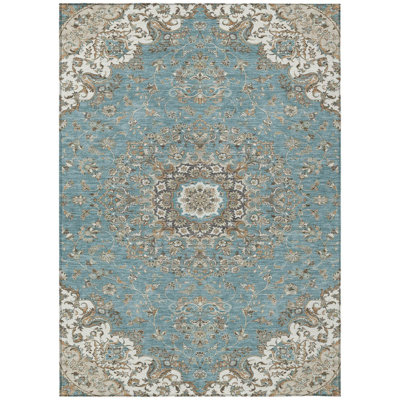 10' X 14' Teal Blue And Sage Floral Medallion Washable Indoor Outdoor Area Rug Homeroots Outdoor