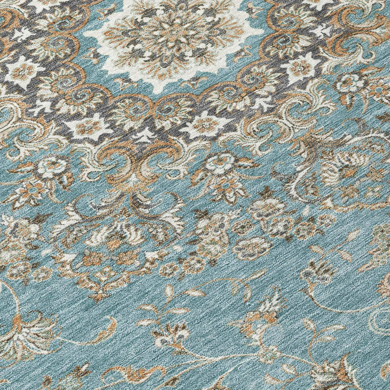10' X 14' Teal Blue And Sage Floral Medallion Washable Indoor Outdoor Area Rug Homeroots Outdoor