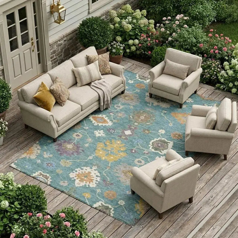 10' X 14' Teal Blue And Sage Oriental Washable Indoor Outdoor Area Rug Homeroots Outdoor