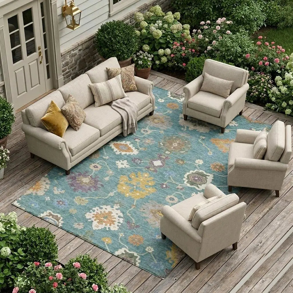 10' X 14' Teal Blue And Sage Oriental Washable Indoor Outdoor Area Rug Homeroots Outdoor