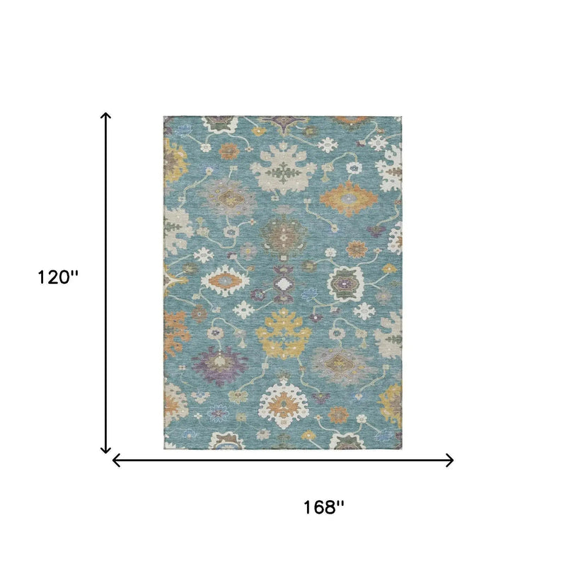 10' X 14' Teal Blue And Sage Oriental Washable Indoor Outdoor Area Rug Homeroots Outdoor