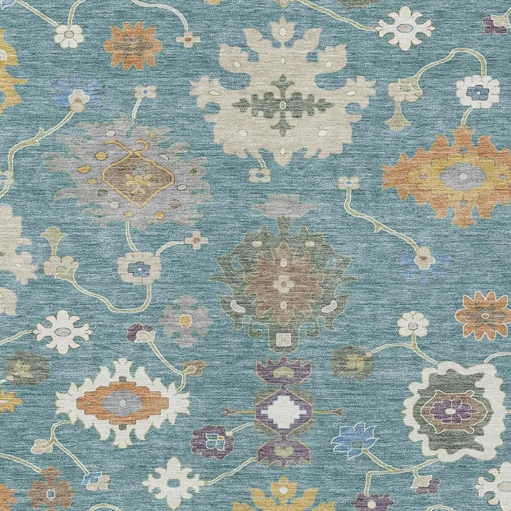10' X 14' Teal Blue And Sage Oriental Washable Indoor Outdoor Area Rug Homeroots Outdoor