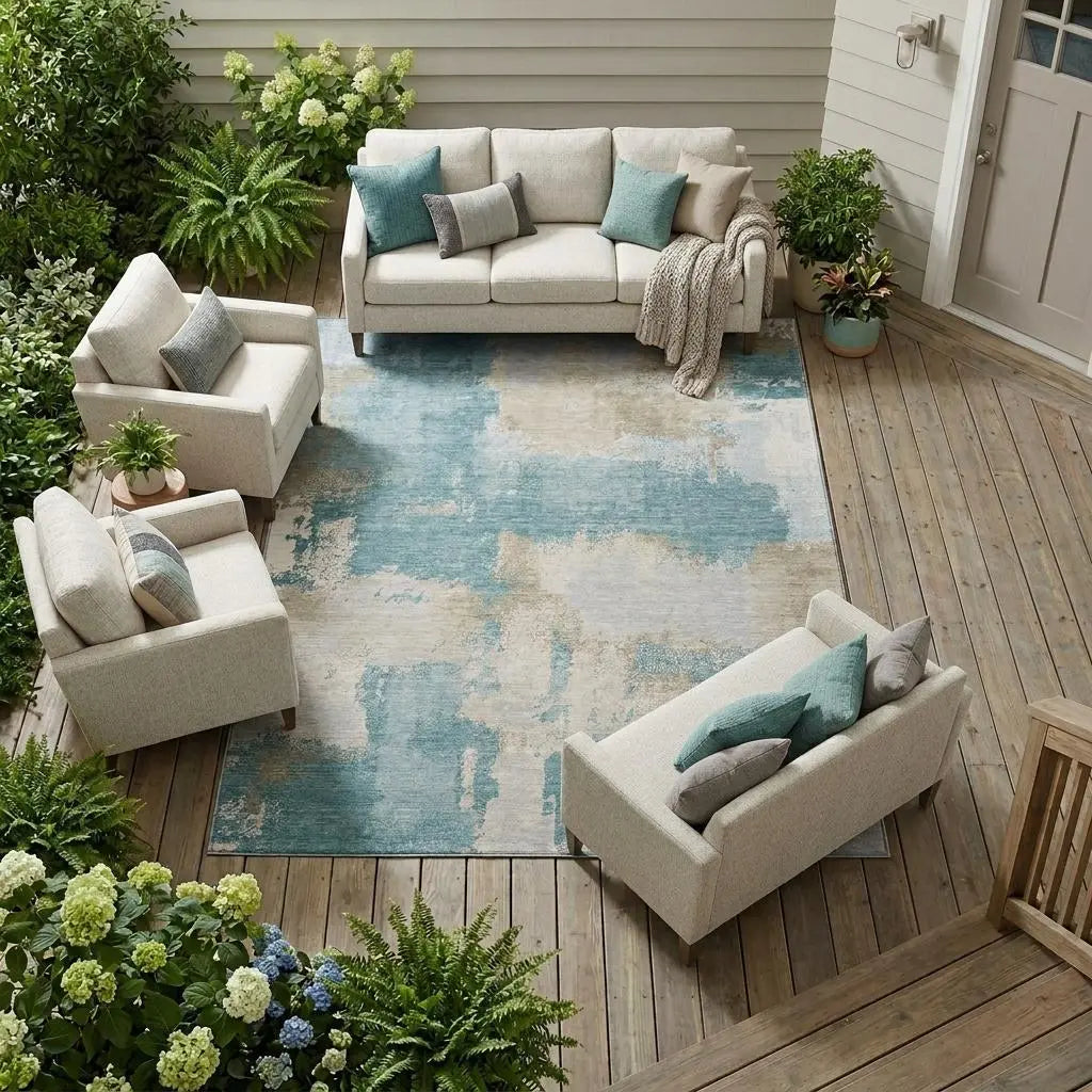 10' X 14' Teal Blue And Silver Abstract Washable Indoor Outdoor Area Rug Homeroots Outdoor