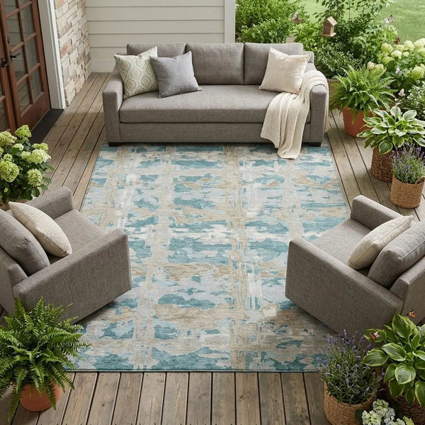 10' X 14' Teal Blue And Silver Abstract Washable Indoor Outdoor Area Rug Homeroots Outdoor
