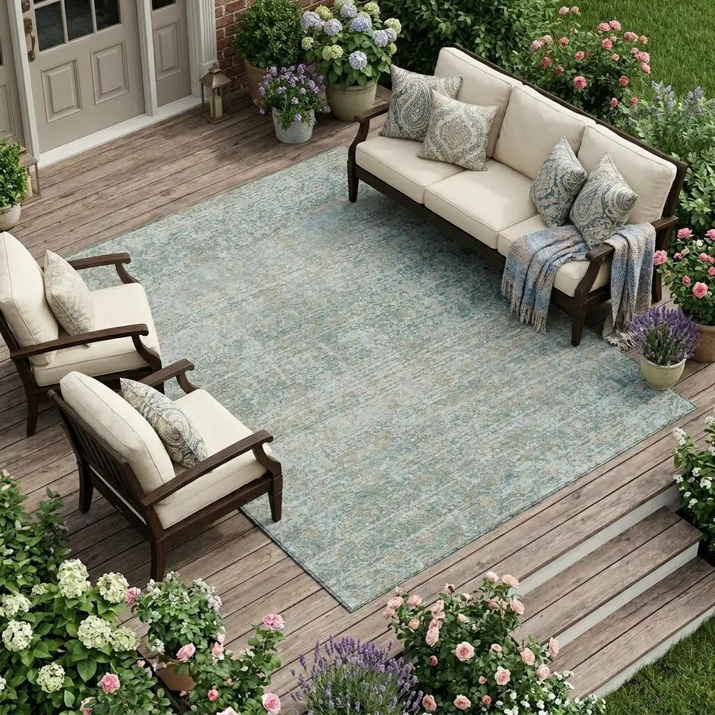 10' X 14' Teal Blue And Silver Abstract Washable Indoor Outdoor Area Rug Homeroots Outdoor