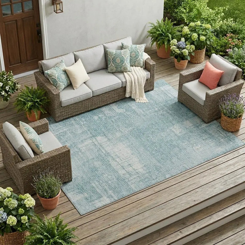 10' X 14' Teal Blue And Silver Abstract Washable Indoor Outdoor Area Rug Homeroots Outdoor