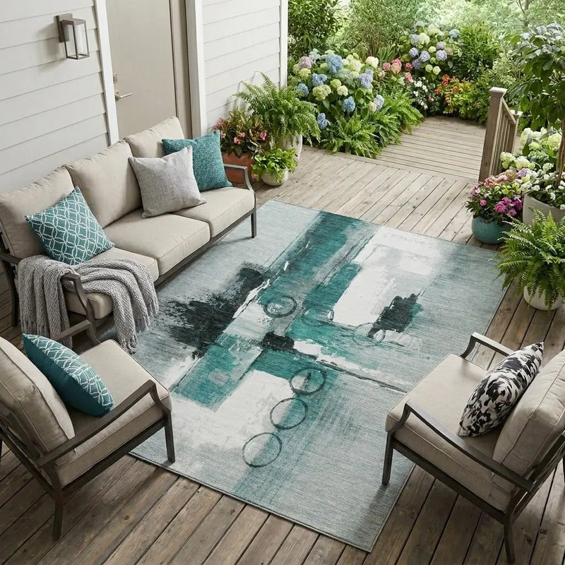 10' X 14' Teal Blue And Silver Abstract Washable Indoor Outdoor Area Rug Homeroots Outdoor