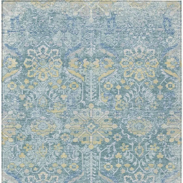 10' X 14' Teal Blue And Silver Damask Washable Indoor Outdoor Area Rug Homeroots Outdoor
