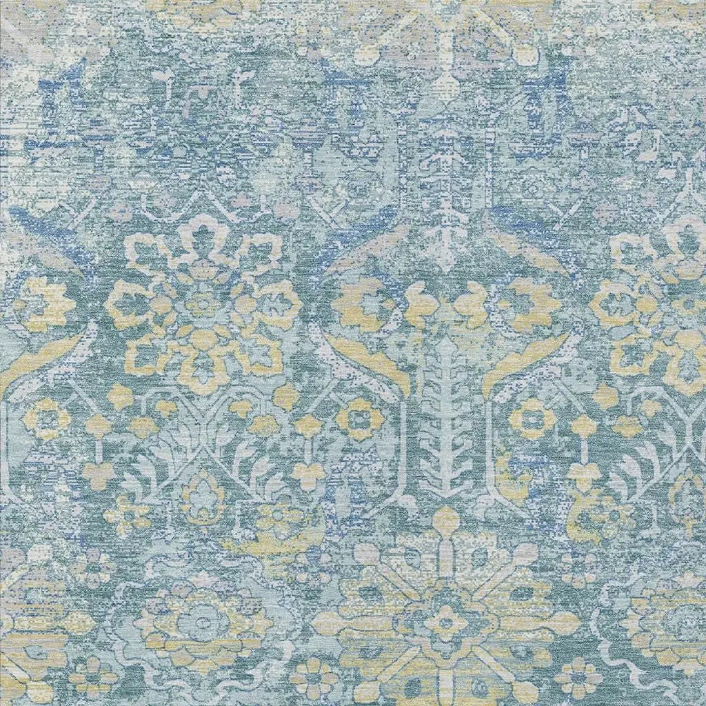 10' X 14' Teal Blue And Silver Damask Washable Indoor Outdoor Area Rug Homeroots Outdoor