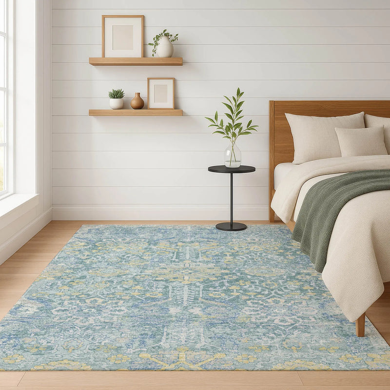 10' X 14' Teal Blue And Silver Damask Washable Indoor Outdoor Area Rug Homeroots Outdoor