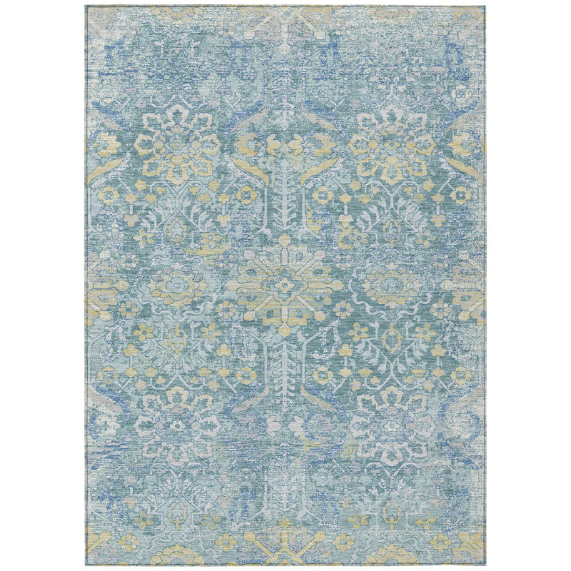 10' X 14' Teal Blue And Silver Damask Washable Indoor Outdoor Area Rug Homeroots Outdoor