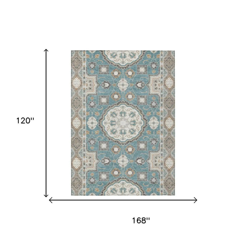 10' X 14' Teal Blue And Silver Floral Medallion Washable Indoor Outdoor Area Rug Homeroots Outdoor