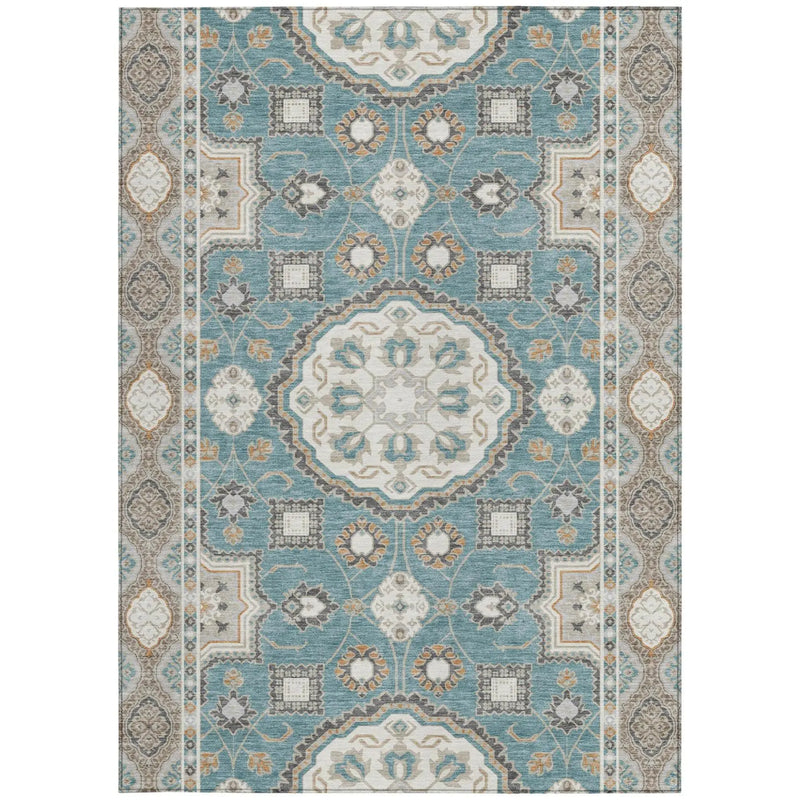 10' X 14' Teal Blue And Silver Floral Medallion Washable Indoor Outdoor Area Rug Homeroots Outdoor