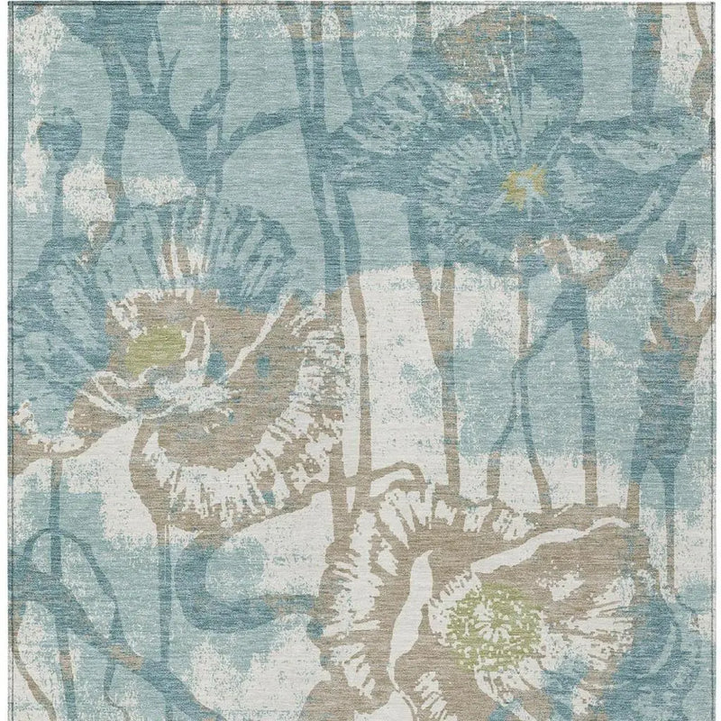 10' X 14' Teal Blue And Silver Floral Washable Indoor Outdoor Area Rug Homeroots Outdoor