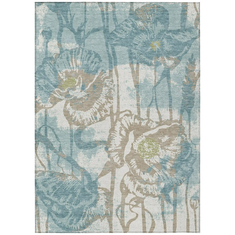 10' X 14' Teal Blue And Silver Floral Washable Indoor Outdoor Area Rug Homeroots Outdoor