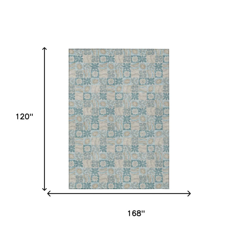 10' X 14' Teal Blue And Silver Floral Washable Indoor Outdoor Area Rug Homeroots Outdoor