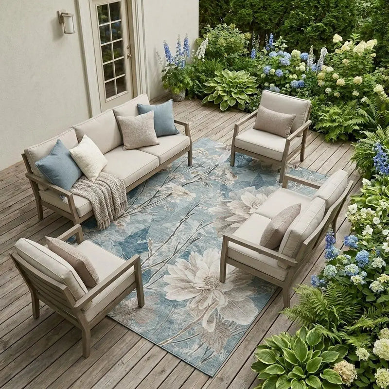 10' X 14' Teal Blue And Silver Floral Washable Indoor Outdoor Area Rug Homeroots Outdoor
