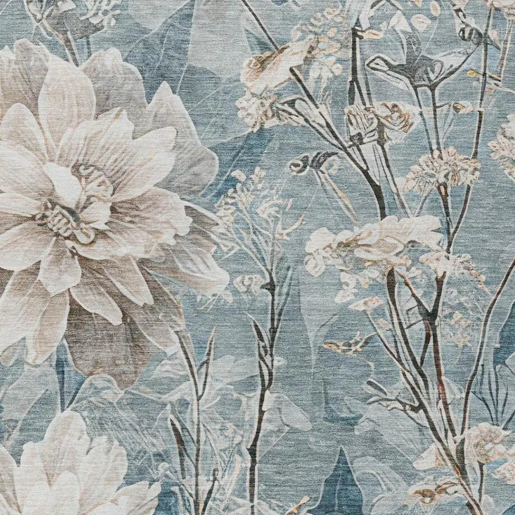 10' X 14' Teal Blue And Silver Floral Washable Indoor Outdoor Area Rug Homeroots Outdoor
