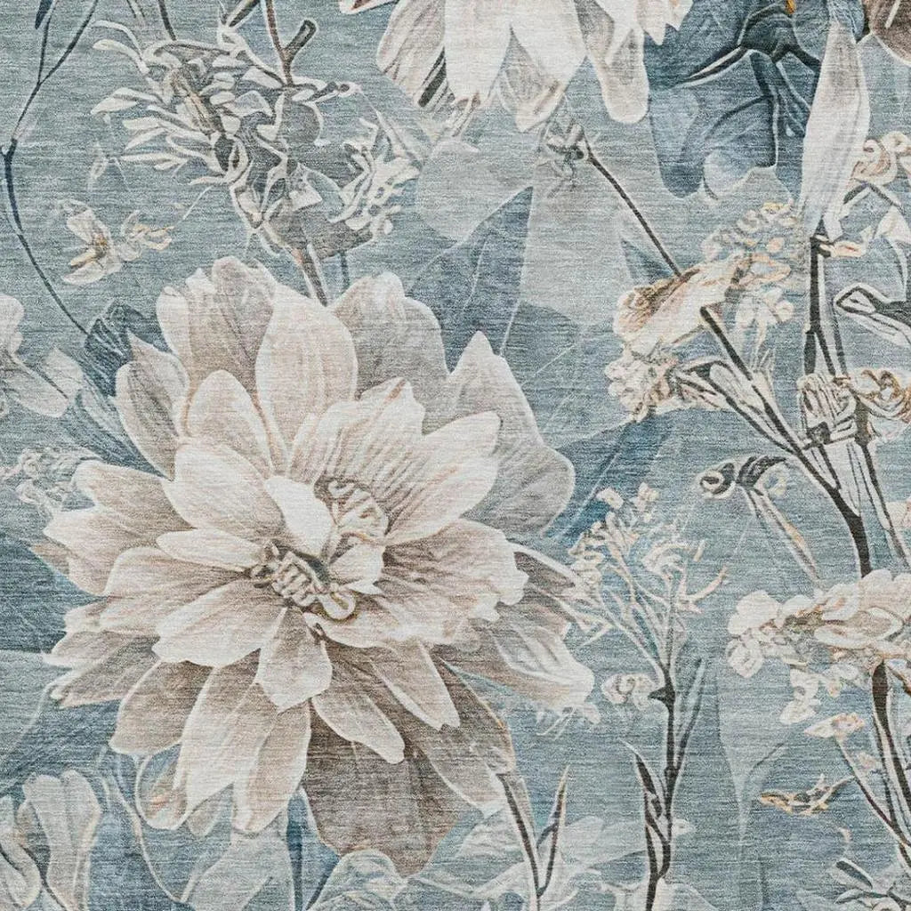 10' X 14' Teal Blue And Silver Floral Washable Indoor Outdoor Area Rug Homeroots Outdoor