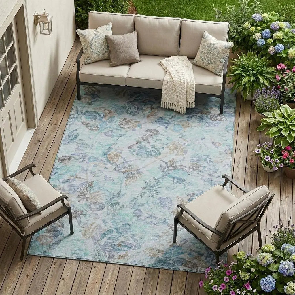 10' X 14' Teal Blue And Silver Floral Washable Indoor Outdoor Area Rug Homeroots Outdoor