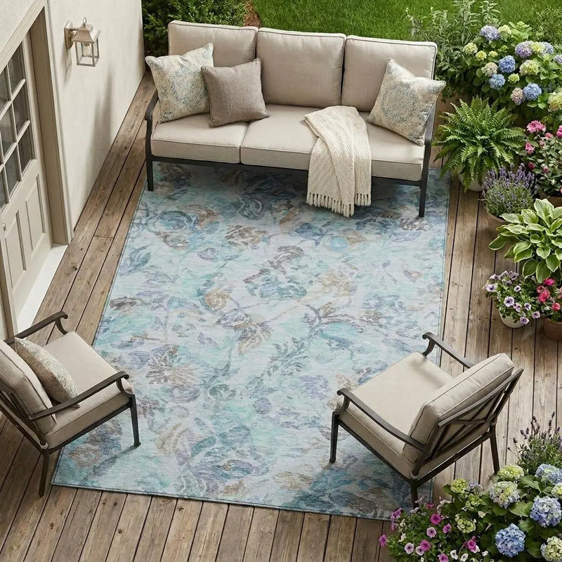 10' X 14' Teal Blue And Silver Floral Washable Indoor Outdoor Area Rug Homeroots Outdoor