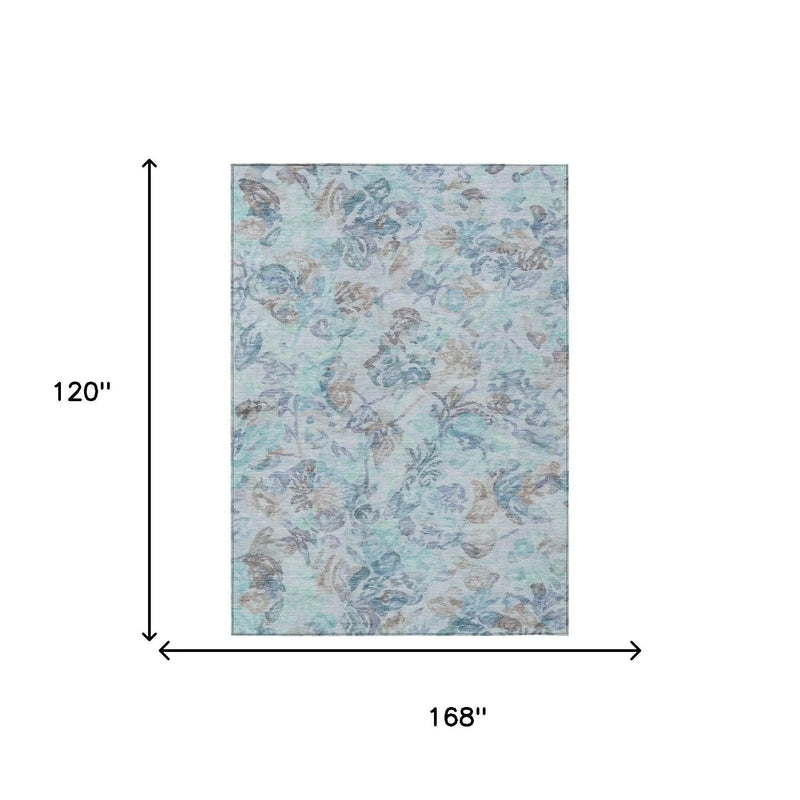 10' X 14' Teal Blue And Silver Floral Washable Indoor Outdoor Area Rug Homeroots Outdoor