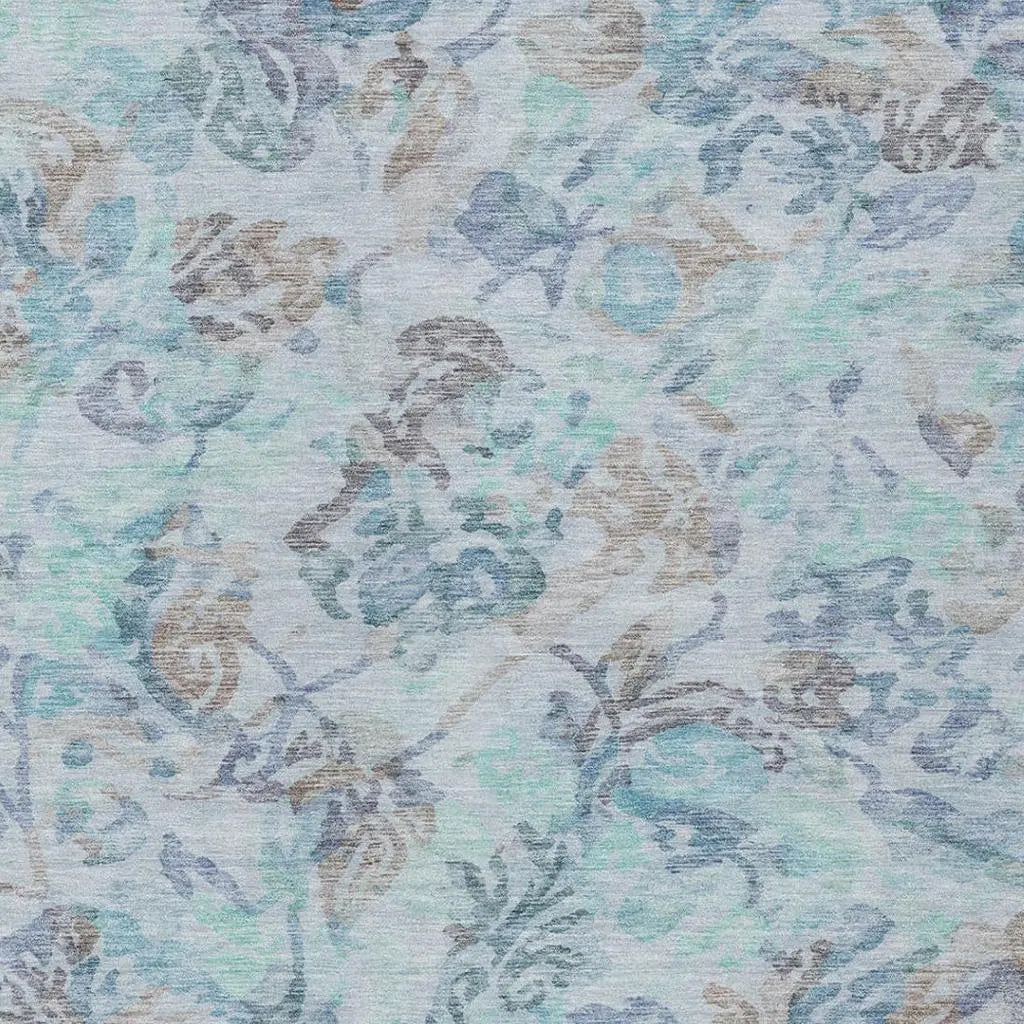 10' X 14' Teal Blue And Silver Floral Washable Indoor Outdoor Area Rug Homeroots Outdoor