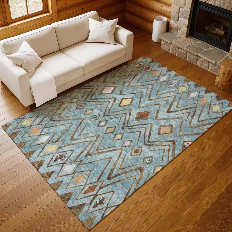 10' X 14' Teal Blue And Silver Geometric Washable Indoor Outdoor Area Rug Homeroots Outdoor