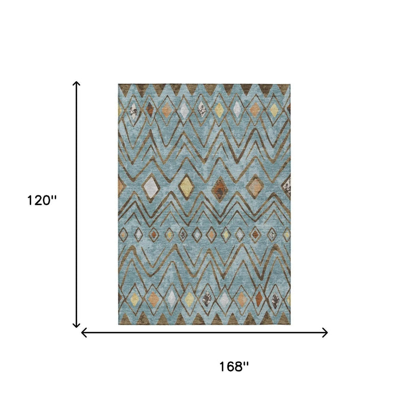 10' X 14' Teal Blue And Silver Geometric Washable Indoor Outdoor Area Rug Homeroots Outdoor